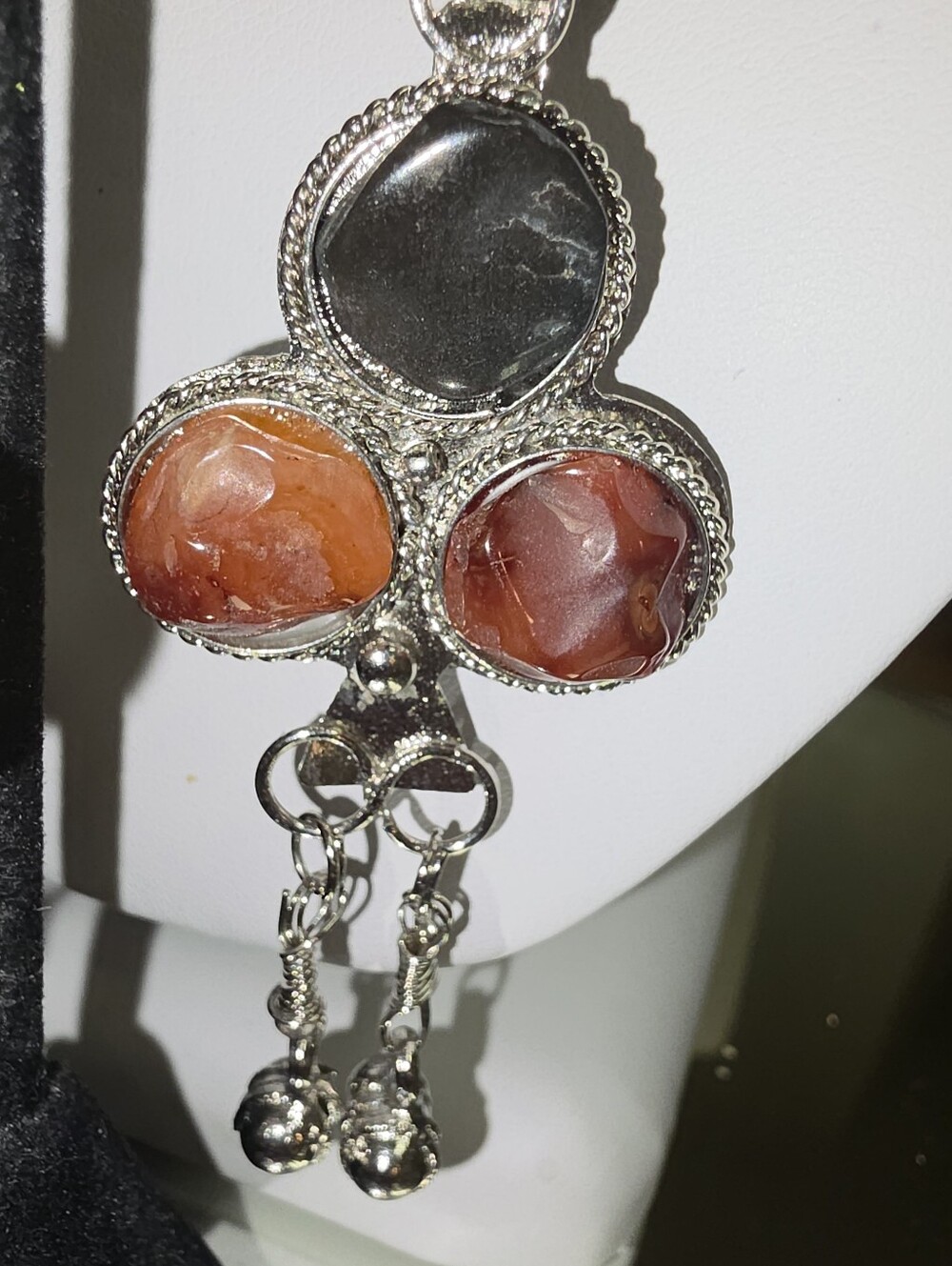 Artisan Tribal Carnelian and Jasper Trefoil  Statement Dangle  Pierced Earrings - Picture 4 of 6
